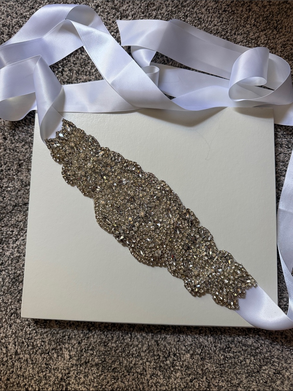 Embellished Crystal Bridal Sash Belt - White Ribbon with Silver Beaded Applique